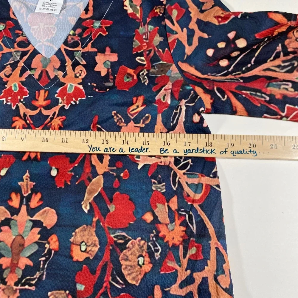 Navy Blue Floral‎ Damask V-Neck Long Sleeve Midi Dress Small Boho Modest